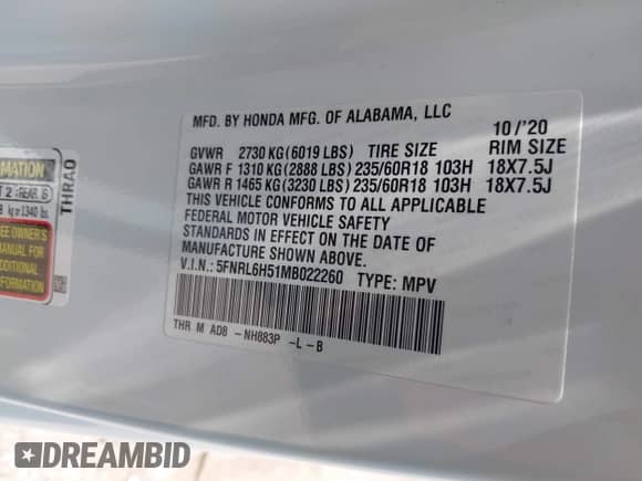 2021 Honda Odyssey EX с VIN 5FNRL6H51MB022260, выставлен на аукционе IAAI как лот 43035246 с пробегом 48 919 миль миль и . История ставок и продаж доступна на DreamBid. Изображение 9.