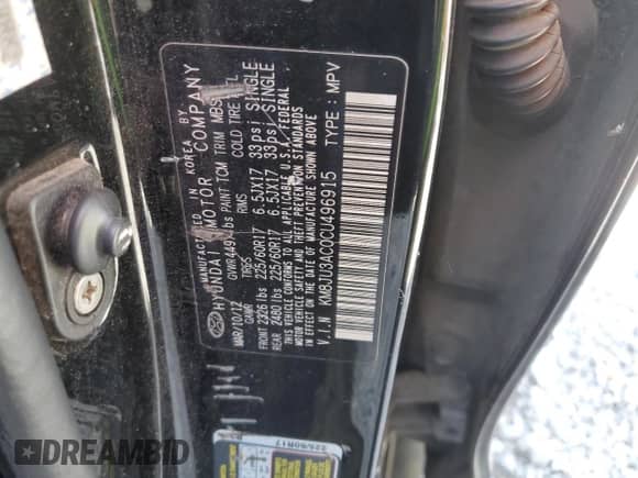 2012 Hyundai Tucson GLS with VIN KM8JU3AC0CU496915, listed as a Copart auction lot 82651635 with 220,566 mi miles and Salvage title. Bid and sale history available at DreamBid. Image 13.