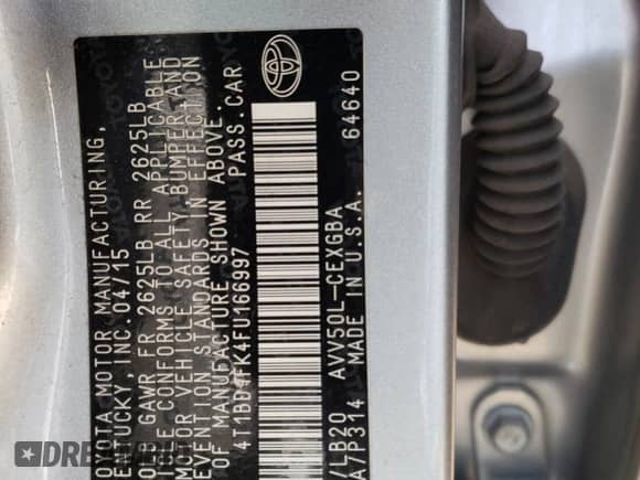 2015 Toyota Camry LE с VIN 4T1BD1FK4FU166997, выставлен на аукционе Copart как лот 67981695 с пробегом 66 416 миль миль и Списание • Salvage title. История ставок и продаж доступна на DreamBid. Изображение 12.