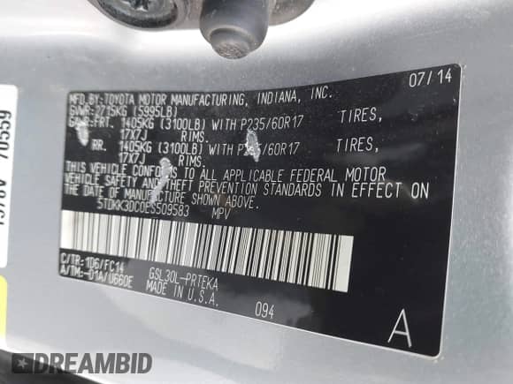 2014 Toyota Sienna LE with VIN 5TDKK3DC0ES509583, listed as a IAAI auction lot 43424567 with 217,639 mi miles and . Bid and sale history available at DreamBid. Image 9.