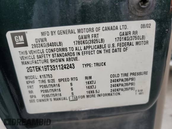 2003 GMC Sierra 1500 SLT z VIN 2GTEK19T331124243, wystawiony jako Copart lot #71209315 z przebiegiem 190 948 mil mil oraz Szkoda całkowita • Salvage title. Historia ofert i sprzedaży dostępna na DreamBid. Obrazek 12.