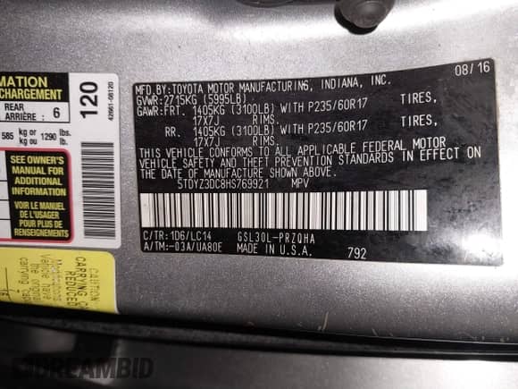 2017 Toyota Sienna XLE Auto Access Seat z VIN 5TDYZ3DC8HS769921, wystawiony jako IAAI lot #41237055 z przebiegiem 152 509 mil mil oraz . Historia ofert i sprzedaży dostępna na DreamBid. Obrazek 9.