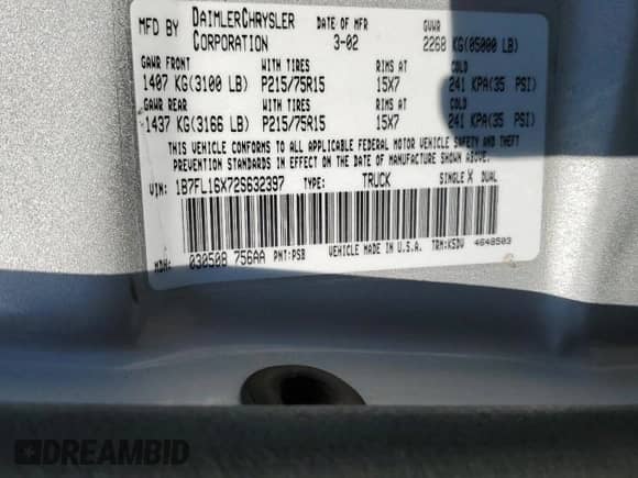 2002 Dodge Dakota z VIN 1B7FL16X72S632397, wystawiony jako Copart lot #87450164 z przebiegiem Nie podano mil oraz Szkoda całkowita • Salvage title. Historia ofert i sprzedaży dostępna na DreamBid. Obrazek 12.