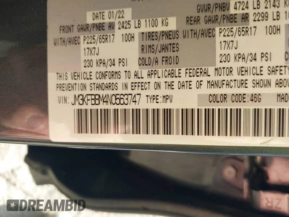 2022 Mazda CX-5 S Select with VIN JM3KFBBM4N0563747, listed as a IAAI auction lot 43231940 with 91,597 mi miles and . Bid and sale history available at DreamBid. Image 9.