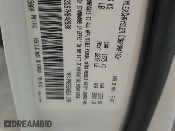 2007 Chrysler 300 Limited z VIN 2C3KA53G87H848990, wystawiony jako Copart lot #71257105 z przebiegiem 175 609 mil mil oraz Szkoda całkowita • Salvage title. Historia ofert i sprzedaży dostępna na DreamBid. Obrazek 10.