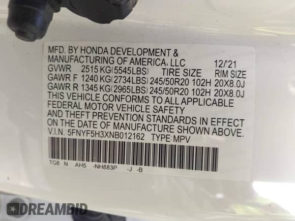 2022 Honda Pilot Sport z VIN 5FNYF5H3XNB012162, wystawiony jako IAAI lot #41516444 z przebiegiem 39 113 mil mil oraz . Historia ofert i sprzedaży dostępna na DreamBid. Obrazek 9.