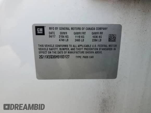 2017 Chevrolet Impala LS с VIN 2G11X5S36H9183127, выставлен на аукционе Copart как лот 82135394 с пробегом 44 702 миль миль и Списание • Salvage title. История ставок и продаж доступна на DreamBid. Изображение 12.