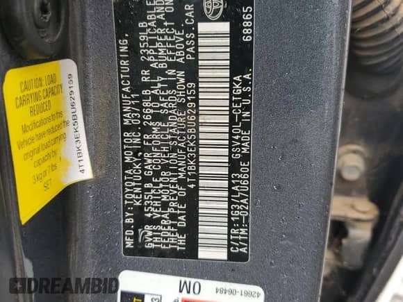 2011 Toyota Camry LE with VIN 4T1BK3EK5BU629159, listed as a Copart auction lot 68911724 with Not provided miles and Salvage title. Bid and sale history available at DreamBid. Image 12.