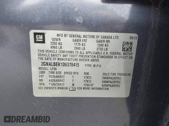 2013 Chevrolet Equinox LS with VIN 2GNALBEK1D6378415, listed as a IAAI auction lot 43398523 with 82,178 mi miles and . Bid and sale history available at DreamBid. Image 9.