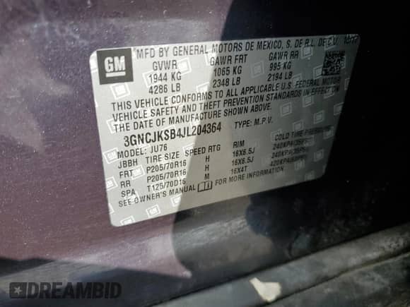 2018 Chevrolet Trax LS with VIN 3GNCJKSB4JL204364, listed as a Copart auction lot 51046215 with 64,285 mi miles and Salvage title. Bid and sale history available at DreamBid. Image 13.