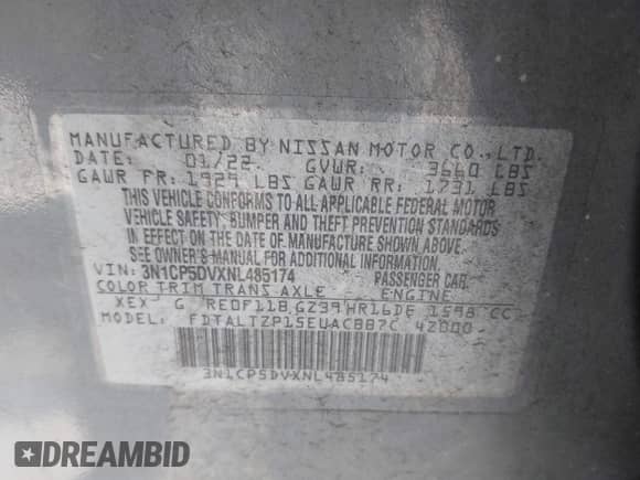 2022 Nissan Kicks SR z VIN 3N1CP5DVXNL485174, wystawiony jako IAAI lot #42262161 z przebiegiem 207 588 mil mil oraz . Historia ofert i sprzedaży dostępna na DreamBid. Obrazek 9.