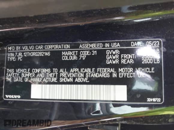 2024 Volvo S60 Plus Black Edition z VIN 7JRL12TH3RG282146, wystawiony jako IAAI lot #41623650 z przebiegiem Nie podano mil oraz . Historia ofert i sprzedaży dostępna na DreamBid. Obrazek 9.