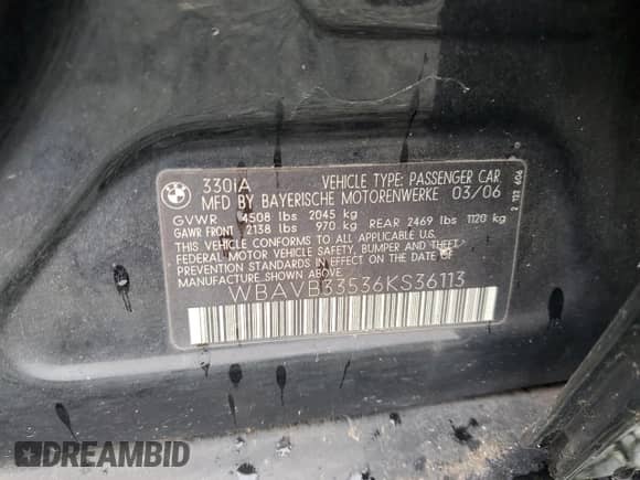 2006 BMW 3 Series 330i с VIN WBAVB33536KS36113, выставлен на аукционе Copart как лот 87122015 с пробегом 188 796 миль миль и Чистый • Clean title. История ставок и продаж доступна на DreamBid. Изображение 12.