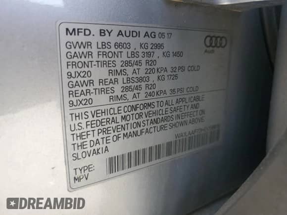 2017 Audi Q7 Premium Plus with VIN WA1LAAF73HD056615, listed as a Copart auction lot 50899715 with 157,742 mi miles and Clean title. Bid and sale history available at DreamBid. Image 13.