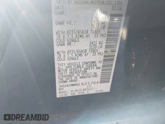 2016 Nissan Pathfinder Platinum with VIN 5N1AR2MM0GC625764, listed as a IAAI auction lot 43531951 with 128,012 mi miles and . Bid and sale history available at DreamBid. Image 9.