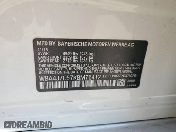 2019 BMW 4 Series 440i xDrive with VIN WBA4J7C57KBM76412, listed as a Copart auction lot 80359845 with 68,934 mi miles and Salvage title. Bid and sale history available at DreamBid. Image 12.