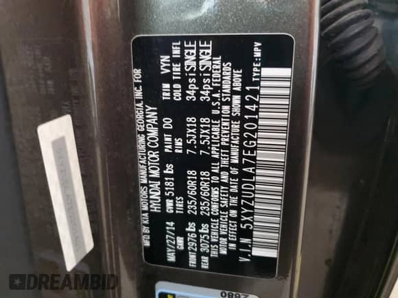 2014 Hyundai Santa Fe с VIN 5XYZUDLA7EG201421, выставлен на аукционе Copart как лот 81732465 с пробегом 125 052 миль миль и Списание • Salvage title. История ставок и продаж доступна на DreamBid. Изображение 12.