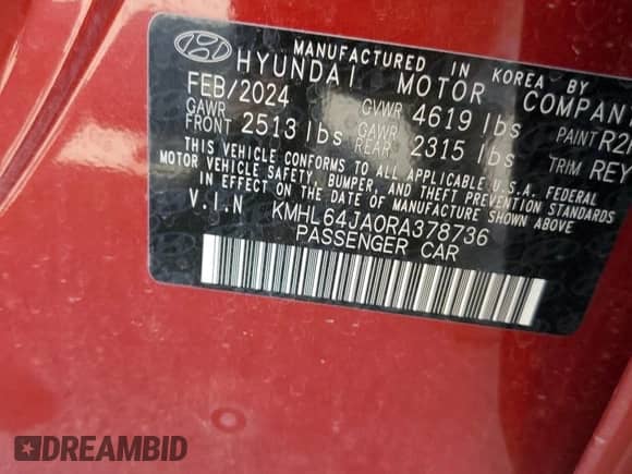 2024 Hyundai Sonata SEL с VIN KMHL64JA0RA378736, выставлен на аукционе Copart как лот 69998495 с пробегом 7 382 миль миль и Списание • Salvage title. История ставок и продаж доступна на DreamBid. Изображение 12.