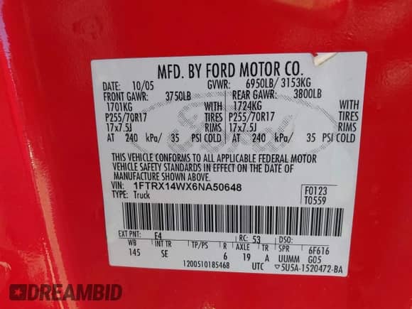 2006 Ford F-150 STX z VIN 1FTRX14WX6NA50648, wystawiony jako IAAI lot #43518643 z przebiegiem 177 536 mil mil oraz . Historia ofert i sprzedaży dostępna na DreamBid. Obrazek 9.