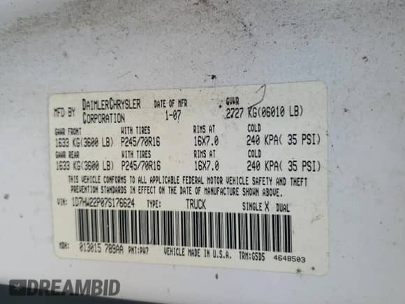 2007 Dodge Dakota z VIN 1D7HW22P07S176624, wystawiony jako Copart lot #68370994 z przebiegiem 284 863 mil mil oraz Szkoda całkowita • Salvage title. Historia ofert i sprzedaży dostępna na DreamBid. Obrazek 10.