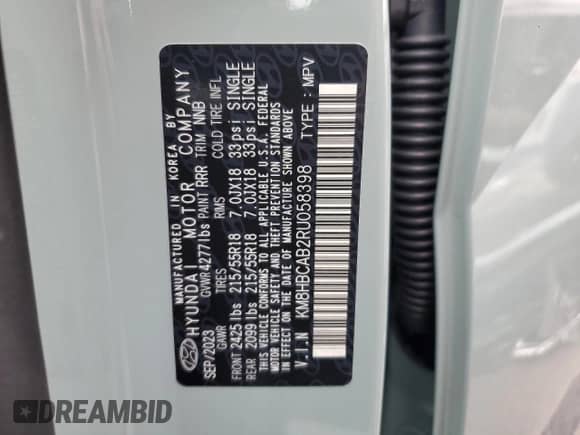 2024 Hyundai Kona SEL with VIN KM8HBCAB2RU058398, listed as a Copart auction lot 44371424 with Not provided miles and Salvage title. Bid and sale history available at DreamBid. Image 15.