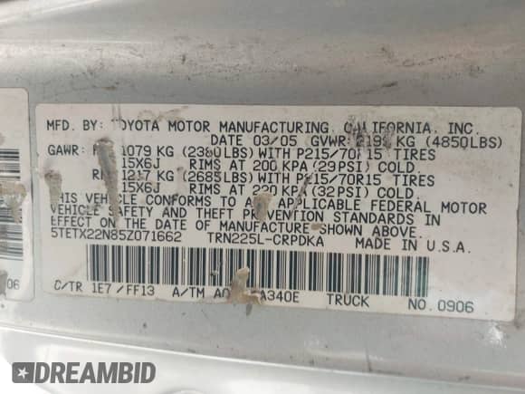 2005 Toyota Tacoma с VIN 5TETX22N85Z071662, выставлен на аукционе IAAI как лот 43598963 с пробегом 337 891 миль миль и . История ставок и продаж доступна на DreamBid. Изображение 9.