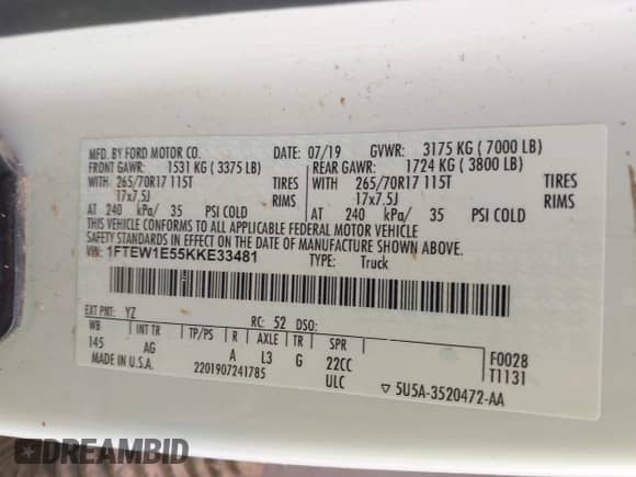 2019 Ford F-150 XL with VIN 1FTEW1E55KKE33481, listed as a IAAI auction lot 43518217 with 137,189 mi miles and . Bid and sale history available at DreamBid. Image 9.