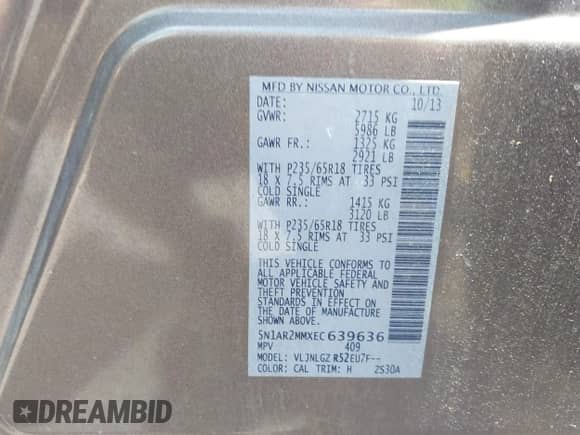 2014 Nissan Pathfinder SV with VIN 5N1AR2MMXEC639636, listed as a IAAI auction lot 42475668 with 184,578 mi miles and . Bid and sale history available at DreamBid. Image 9.