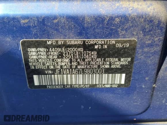 2020 Subaru WRX with VIN JF1VA1A67L9803003, listed as a Copart auction lot 70841175 with 88,276 mi miles and Salvage title. Bid and sale history available at DreamBid. Image 12.