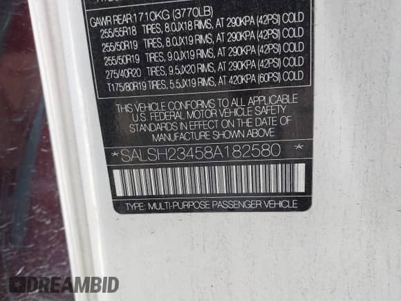 2008 Land Rover Range Rover Sport SC with VIN SALSH23458A182580, listed as a IAAI auction lot 37607070 with 157,019 mi miles and . Bid and sale history available at DreamBid. Image 9.