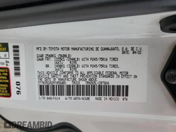 2022 Toyota Tacoma SR with VIN 3TYRX5GN2NT056001, listed as a Copart auction lot 84259305 with 70,897 mi miles and Clean title. Bid and sale history available at DreamBid. Image 12.