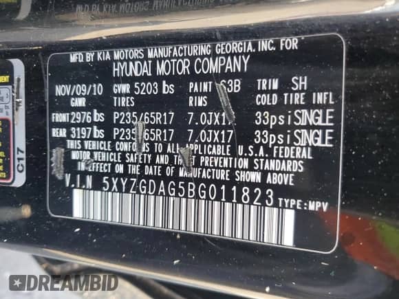 2011 Hyundai Santa Fe GLS with VIN 5XYZGDAG5BG011823, listed as a Copart auction lot 61589045 with 185,632 mi miles and Salvage title. Bid and sale history available at DreamBid. Image 13.