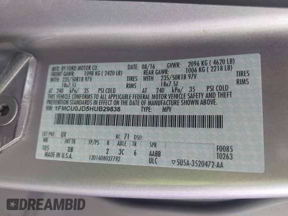 2017 Ford Escape Titanium с VIN 1FMCU0JD5HUB29838, выставлен на аукционе IAAI как лот 42354028 с пробегом 58 250 миль миль и . История ставок и продаж доступна на DreamBid. Изображение 9.