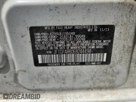 2014 Subaru Impreza Special Sports Limited with VIN JF1GPAR60E8244494, listed as a Copart auction lot 68911675 with 139,272 mi miles and Salvage title. Bid and sale history available at DreamBid. Image 12.