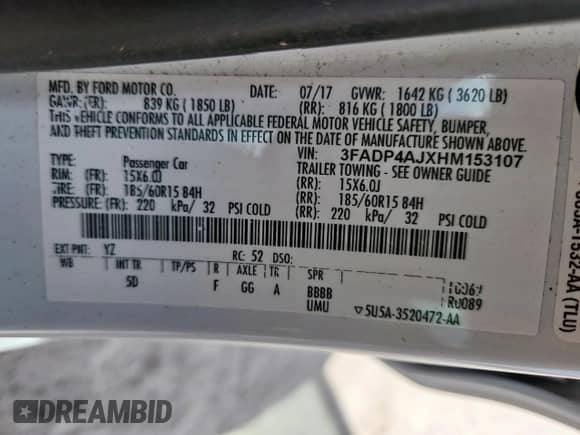 2017 Ford Fiesta S with VIN 3FADP4AJXHM153107, listed as a Copart auction lot 85332095 with 55,345 mi miles and Salvage title. Bid and sale history available at DreamBid. Image 12.