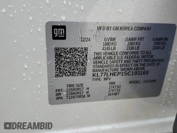 2025 Chevrolet Trax LT с VIN KL77LHEP1SC193168, выставлен на аукционе Copart как лот 82175955 с пробегом 3 005 миль миль и На запчасти • Non repairable. История ставок и продаж доступна на DreamBid. Изображение 13.