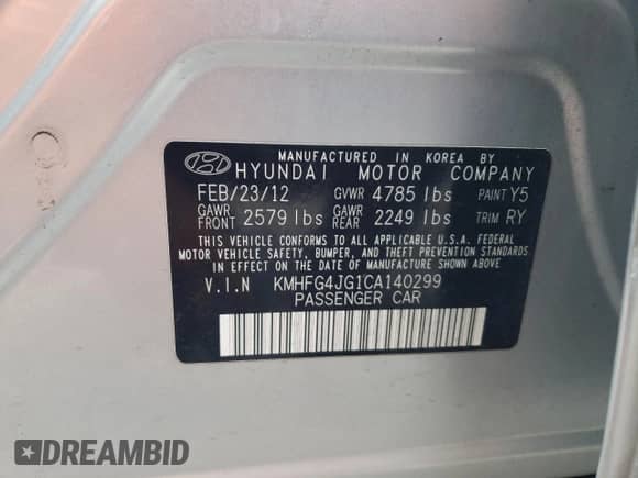 2012 Hyundai Azera с VIN KMHFG4JG1CA140299, выставлен на аукционе Copart как лот 69421955 с пробегом 91 285 миль миль и Списание • Salvage title. История ставок и продаж доступна на DreamBid. Изображение 13.