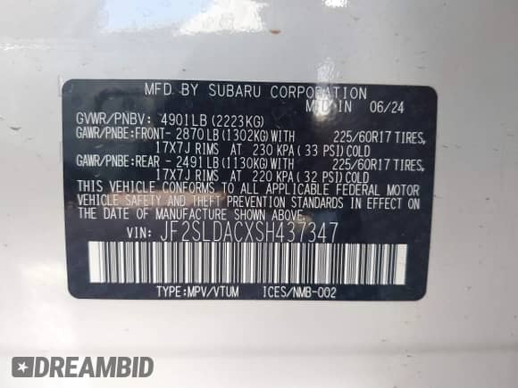 2025 Subaru Forester z VIN JF2SLDACXSH437347, wystawiony jako IAAI lot #41734907 z przebiegiem Nie podano mil oraz . Historia ofert i sprzedaży dostępna na DreamBid. Obrazek 9.