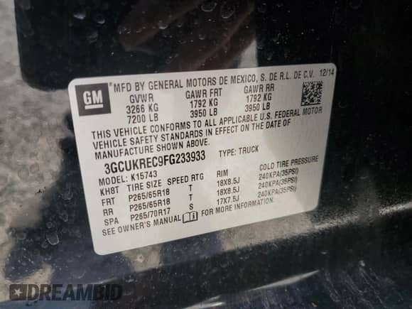 2015 Chevrolet Silverado 1500 LT with VIN 3GCUKREC9FG233933, listed as a Copart auction lot 55285855 with Not provided miles and Salvage title. Bid and sale history available at DreamBid. Image 12.