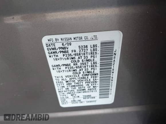 2009 Nissan Murano S with VIN JN8AZ18W19W207813, listed as a IAAI auction lot 42406776 with 283,832 mi miles and . Bid and sale history available at DreamBid. Image 9.