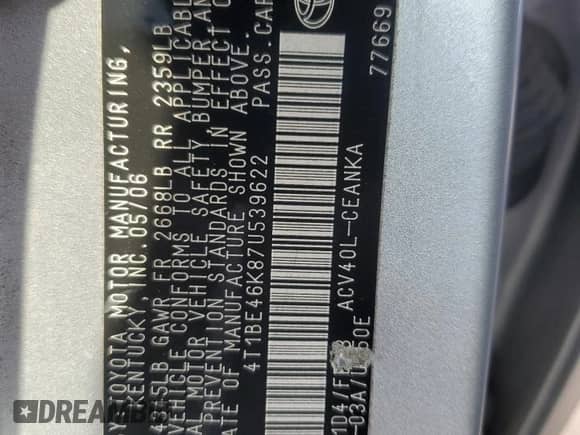 2007 Toyota Camry CE z VIN 4T1BE46K87U539622, wystawiony jako Copart lot #89867495 z przebiegiem 126 067 mil mil oraz Szkoda całkowita • Salvage title. Historia ofert i sprzedaży dostępna na DreamBid. Obrazek 12.