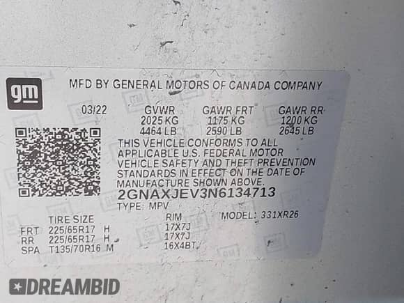 2022 Chevrolet Equinox LT z VIN 2GNAXJEV3N6134713, wystawiony jako IAAI lot #42723458 z przebiegiem 181 593 mil mil oraz . Historia ofert i sprzedaży dostępna na DreamBid. Obrazek 9.