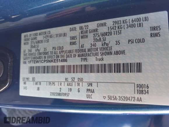 2022 Ford F-150 XL z VIN 1FTEW1CP5NKE51486, wystawiony jako IAAI lot #43155755 z przebiegiem 35 959 mil mil oraz . Historia ofert i sprzedaży dostępna na DreamBid. Obrazek 9.