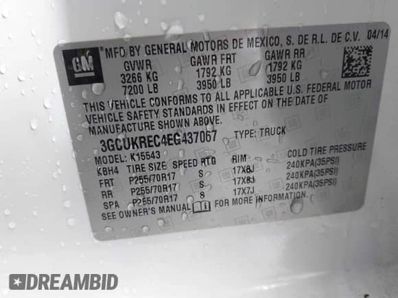 2014 Chevrolet Silverado 1500 LT with VIN 3GCUKREC4EG437067, listed as a IAAI auction lot 41722766 with 93,428 mi miles and . Bid and sale history available at DreamBid. Image 9.