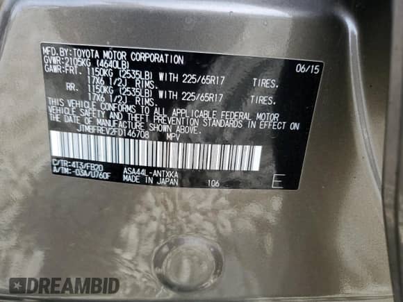 2015 Toyota RAV4 LE with VIN JTMBFREV2FD146708, listed as a Copart auction lot 82105465 with Not provided miles and Salvage title. Bid and sale history available at DreamBid. Image 13.