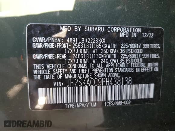 2023 Subaru Forester с VIN JF2SKACC9PH438138, выставлен на аукционе Copart как лот 85408045 с пробегом 30 335 миль миль и Списание • Salvage title. История ставок и продаж доступна на DreamBid. Изображение 14.