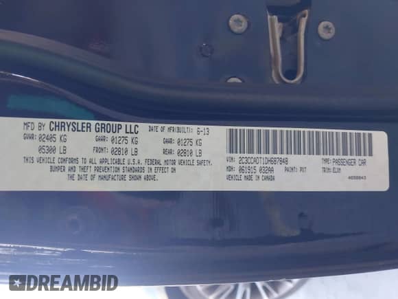 2013 Chrysler 300 C John Varvatos Limited Edition with VIN 2C3CCADT1DH687848, listed as a IAAI auction lot 42175137 with 112,122 mi miles and . Bid and sale history available at DreamBid. Image 9.