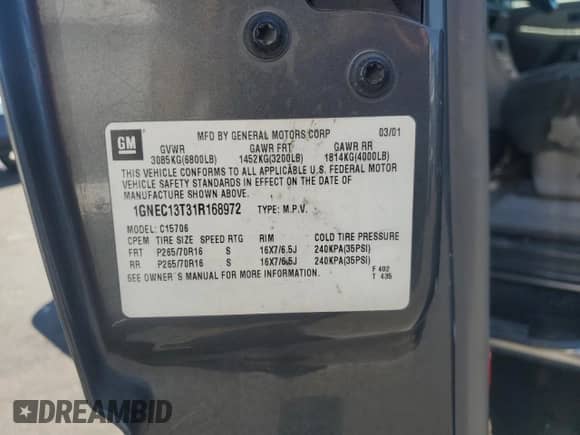 2001 Chevrolet Tahoe LT with VIN 1GNEC13T31R168972, listed as a Copart auction lot 65635845 with 254,069 mi miles and Salvage title. Bid and sale history available at DreamBid. Image 13.