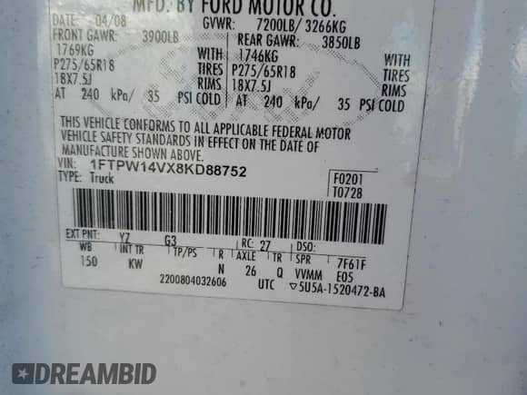 2008 Ford F-150 XLT с VIN 1FTPW14VX8KD88752, выставлен на аукционе Copart как лот 87301725 с пробегом 302 557 миль миль и Списание • Salvage title. История ставок и продаж доступна на DreamBid. Изображение 13.