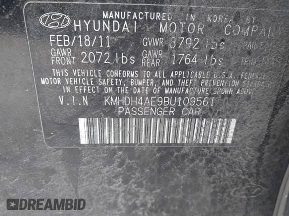 2011 Hyundai Elantra GLS with VIN KMHDH4AE9BU109561, listed as a IAAI auction lot 41493314 with 251,166 mi miles and . Bid and sale history available at DreamBid. Image 9.